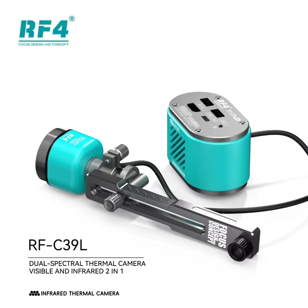 RF-C39L dual-spectral thermal camera for visible and infrared imaging shown with turquoise components on a white background.