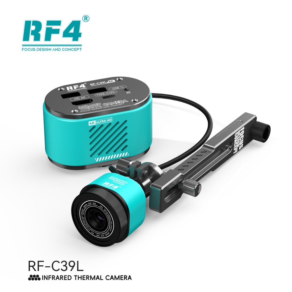 RF-C39L infrared thermal camera with teal housing and rail mount; RF4 logo visible in the top-left corner.
