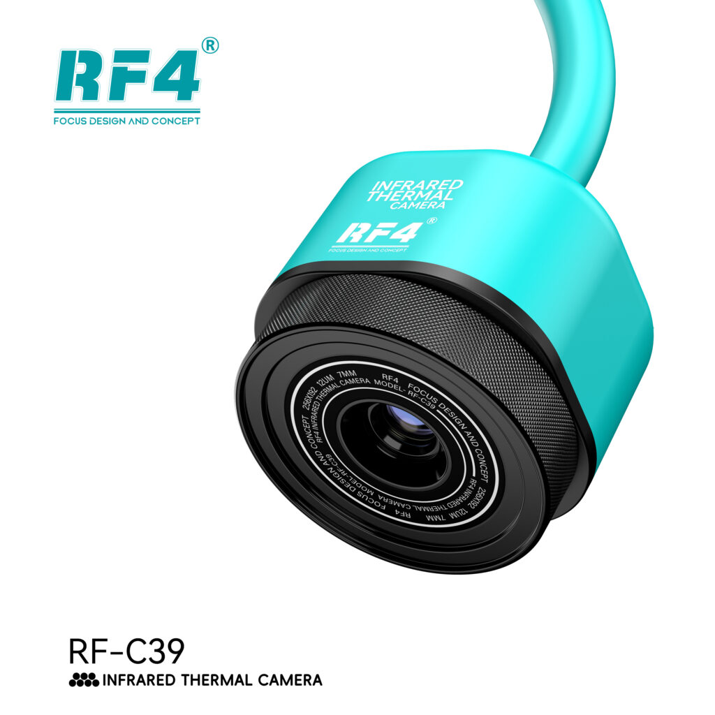 Turquoise RF4 infrared thermal camera RF-C39, shown at an angle with the lens visible and RF4 branding.