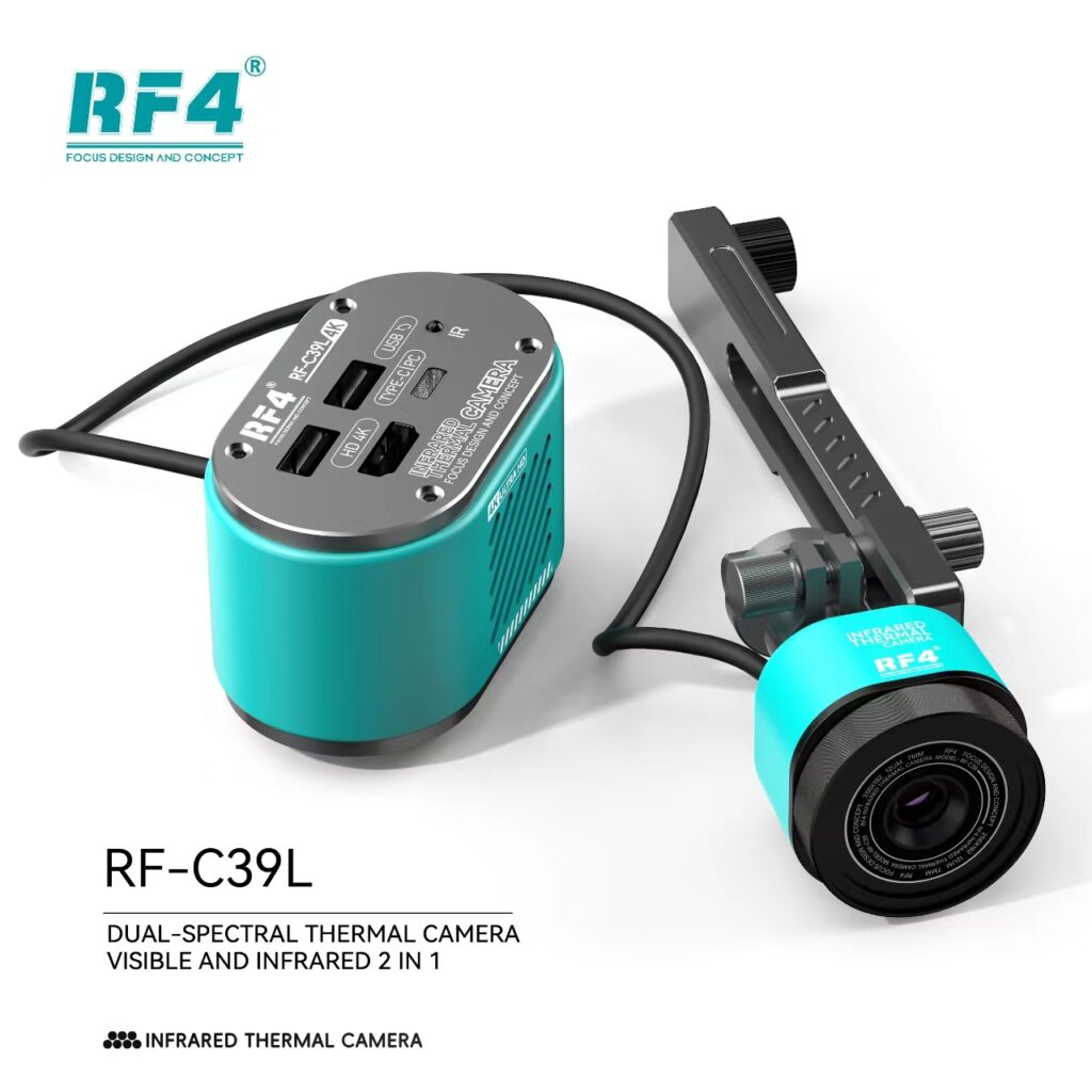 Turquoise RF-C39L dual-spectral thermal camera with an attached lens and a separate control unit connected by a cable.