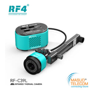 Infrared thermal camera RF-C39L on a mounting rail, turquoise housing with RF4 branding and Masud Telecom logo in the corner.