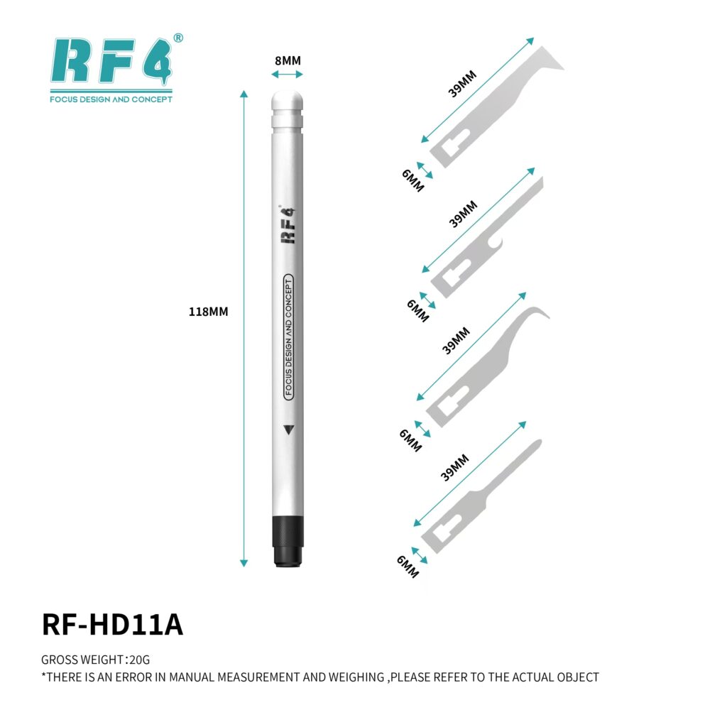 RF-HD11A measurement pen with dimension lines (118 mm length, 8 mm tip) beside RF4 branding and segments