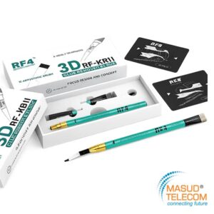 3D RF‑Kril glue kit with teal applicator pen, syringes, and two black instruction cards; Masud Telecom logo in corner.