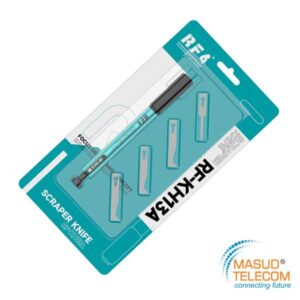 Packaging for a scraper knife with a turquoise card showing spare blades and a retractable blade; Masud Telecom logo bottom right.