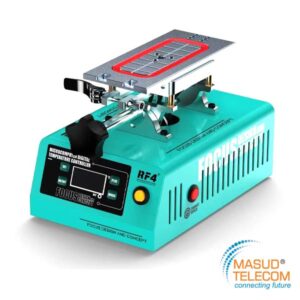 Turquoise RF4 microcontroller desoldering station with a hot plate on top and the Masud Telecom logo in the corner, used for precise heat control in soldering.
