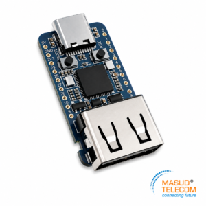Blue USB development board with a USB-A port and exposed components for prototyping (Masud Telecom watermark).