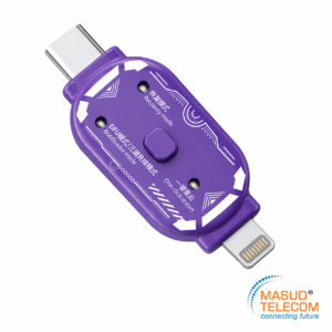 Purple multi-mode repair dongle (USB‑C/Lightning) with Recovery mode and Bootloader mode labels, on a white background with a central button.