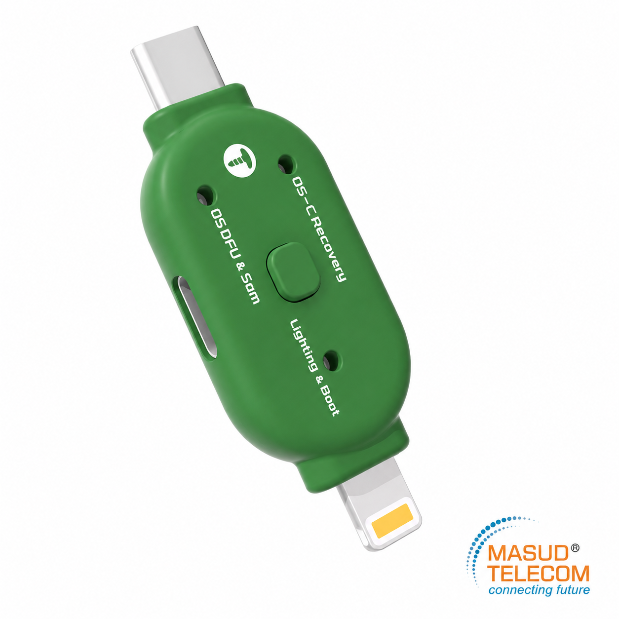 Green handheld USB recovery dongle with a central button and labeled 'OSD Recovery' and 'Lightning & Boot' for device maintenance; Masud Telecom logo bottom right